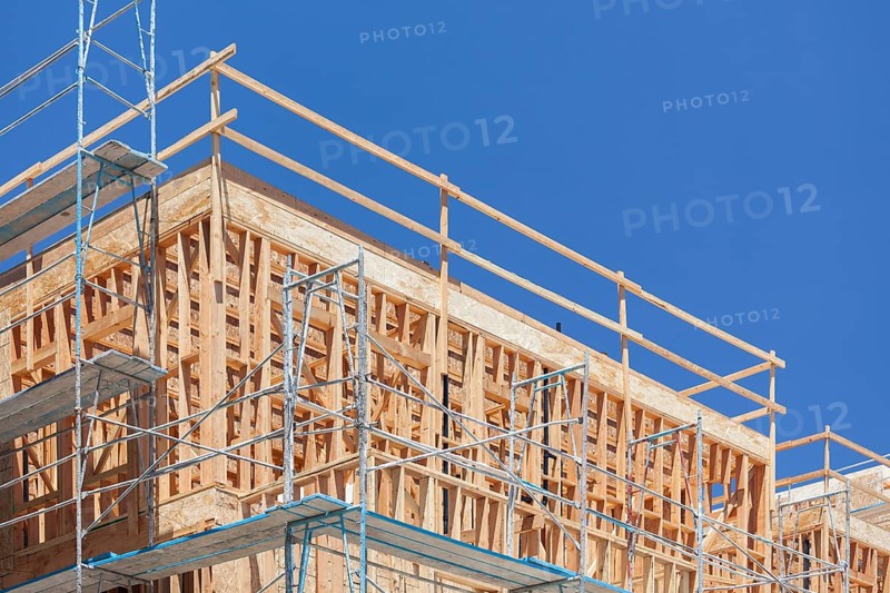 Scaffolding and wood framing at construction site