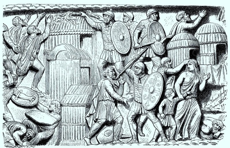 Zerstoerung eines germanischen Dorfes durch die Roemer