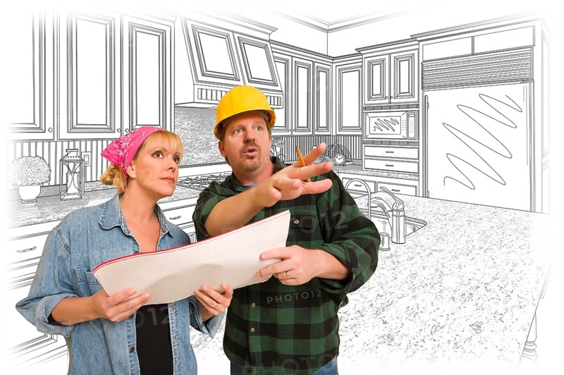 Contractor talking with customer over custom kitchen drawing