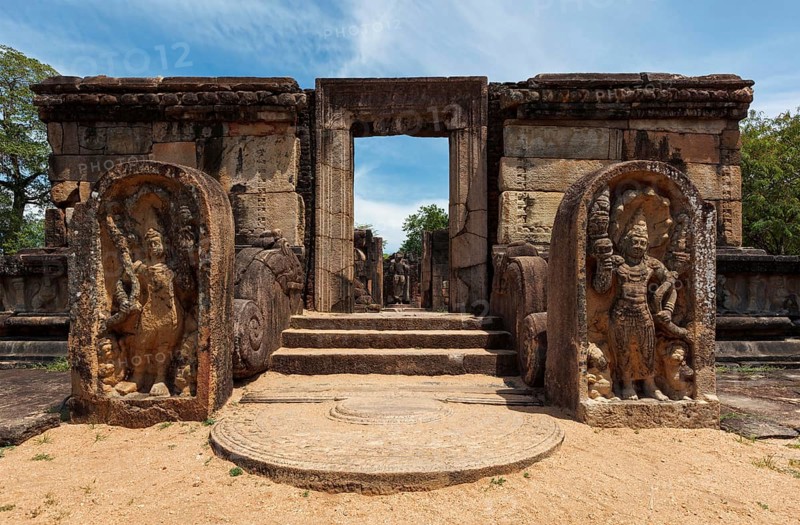 Entrance with stairs with moonstone in ruins in Quadrangle group in ancient city Pollonaruwa