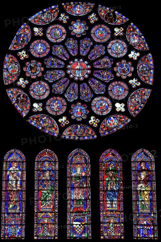 Leaded glass window rosette of the south transept in the Cathedral Notre Dame of Chartres