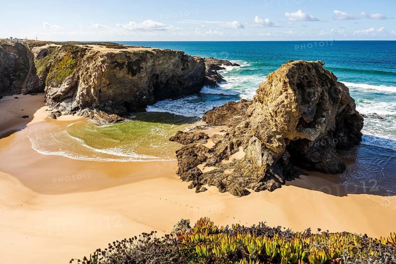 Beautiful landscape and seascape with rock formation in Samoqueira Beach