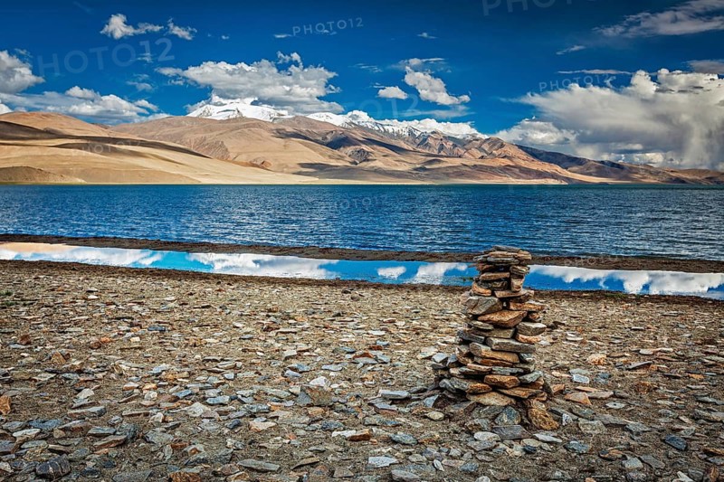 Stone cairn at Himalayan lake Tso Moriri