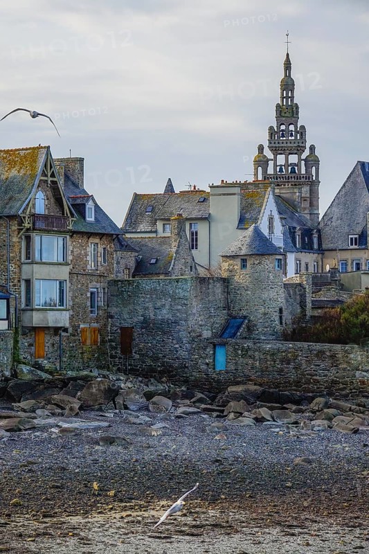 Old town of Roscoff with church Notre-Dame-de-Croaz-Batz at low tide