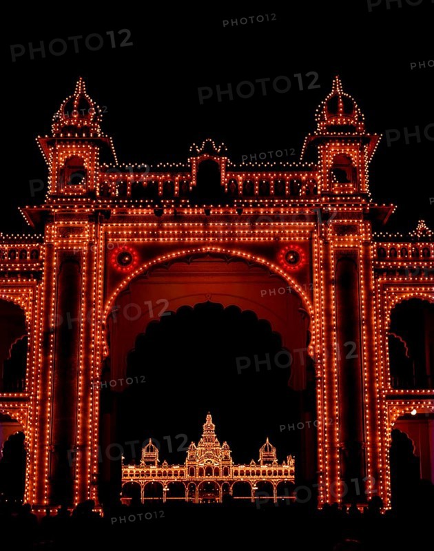 Amba Vilas Palace gateway and Palace is at its resplendent best when lit at night
