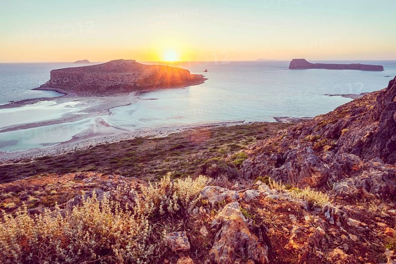 Island Gramvousa and the beautiful Balos beach on sunset in Crete island