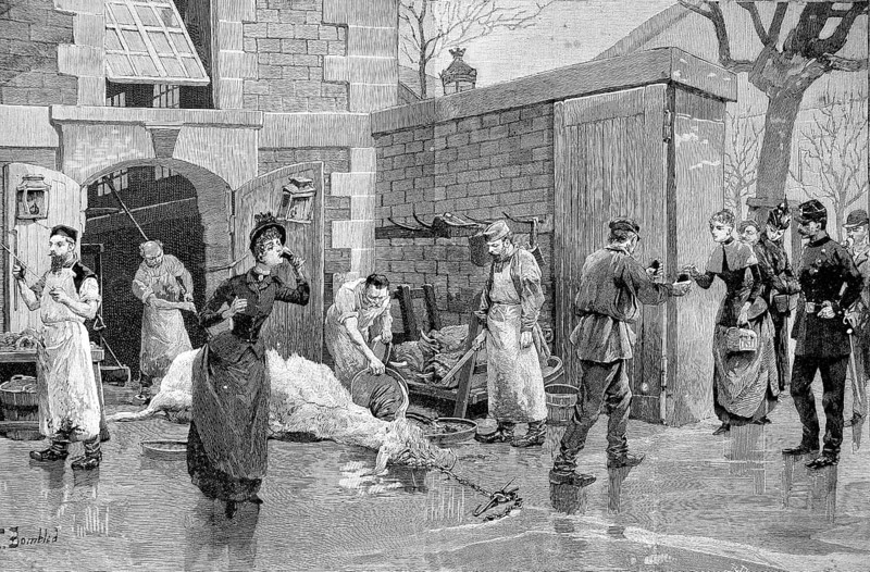 People drinking blood in a slaughterhouse in Paris in 1880