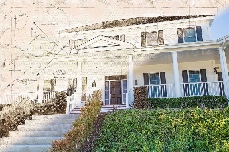Artist rendering drawing of beautiful house facade with cross section of photographic completed home