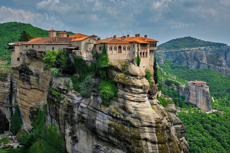 Monastery of Varlaam monastery and Monastery of Rousanou in famous greek tourist destination Meteora in Greece with scenic scenery landscape