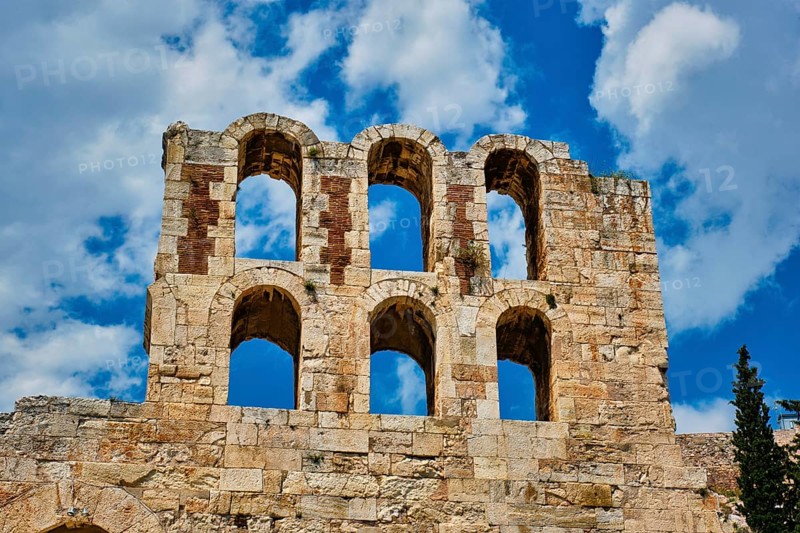 Ruins of Odeon of Herodes Atticus ancient stone Roman theater located on the southwest slope of the Acropolis hill of Athens