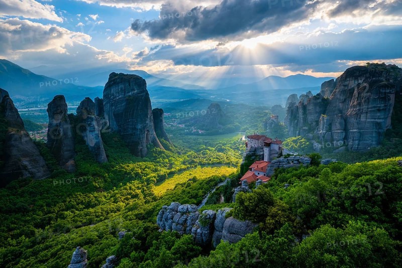 Sunset over monastery of Rousanou and Monastery of St
