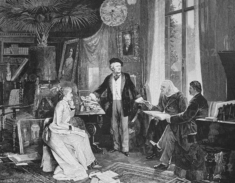 Richard Wagner and Cosima Wagner together with Liszt and Hans von Wolzogen in their home
