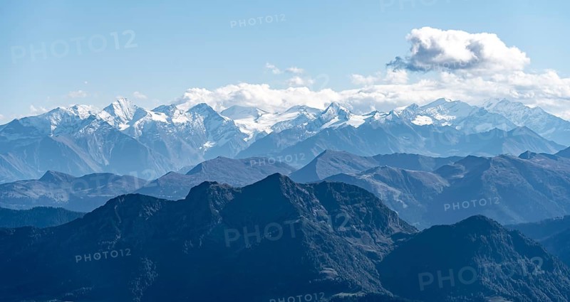 Snow-covered mountain peaks on the main ridge of the Alps
