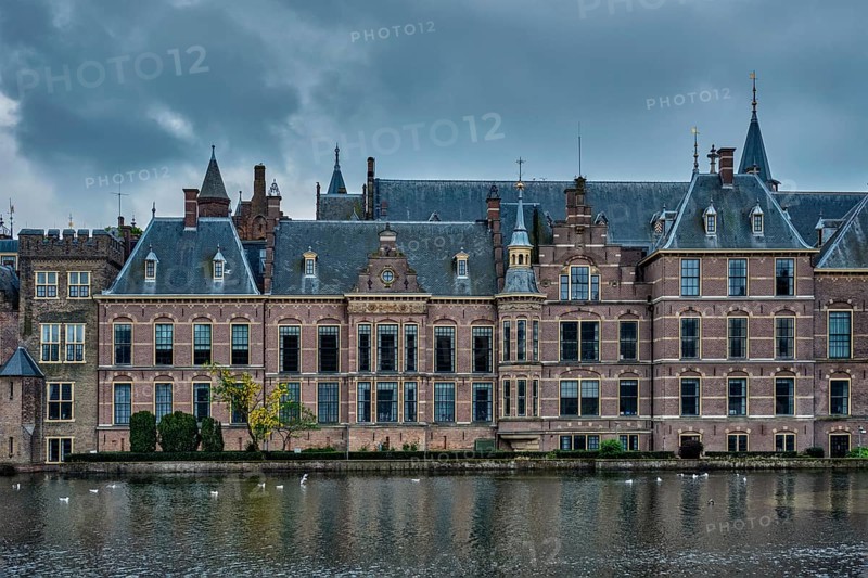 View of the Binnenhof House of Parliament and the Hofvijver lake. The Hague