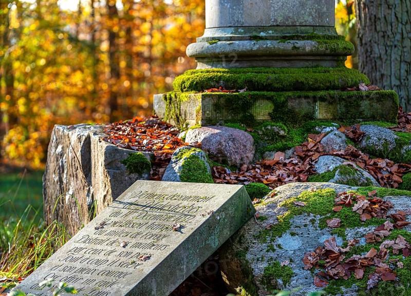 Historical column and stone slab with inscription in the park