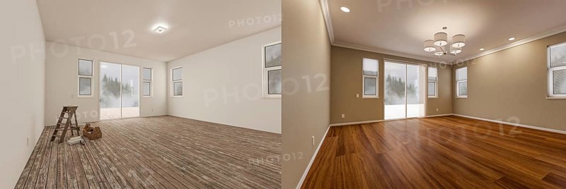 Before and after of unfinished raw and newly remodeled room of house with finished wood floors