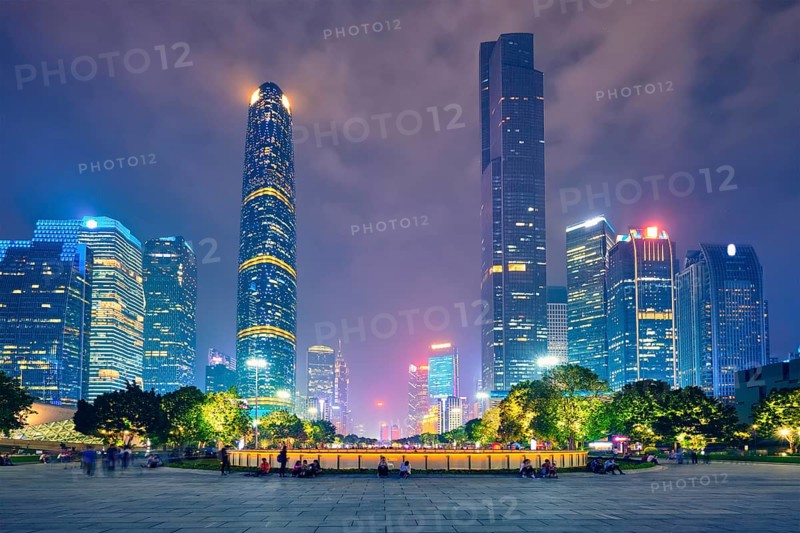 Guangzhou cityscape skyline Flower City Square illuminated in the evening