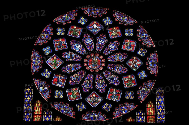 Leaded glass window rosette of the north transept in the Cathedral Notre Dame of Chartres