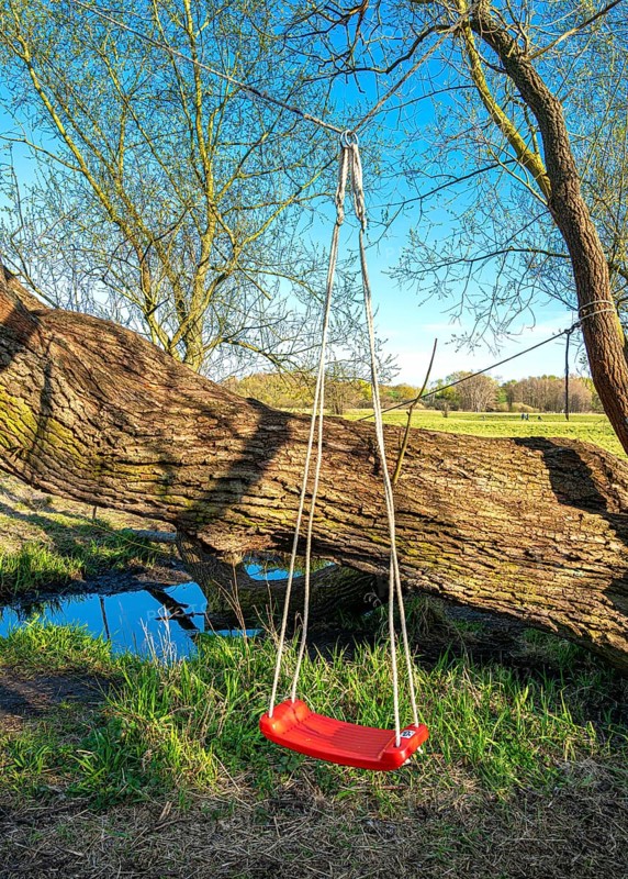 Red children's swing in the Tegeler Fliess in Luebars