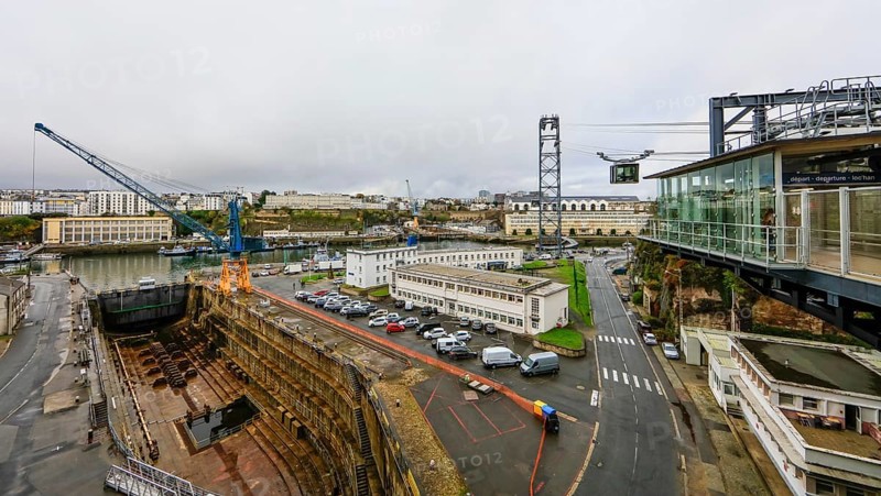 French Navy shipyard site with dry dock on the river Penfeld in the centre of Brest shortly in front of the confluence with the Bay of Brest