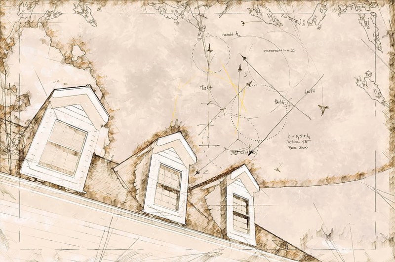 Artist rendering sketch of residential roof and dormers