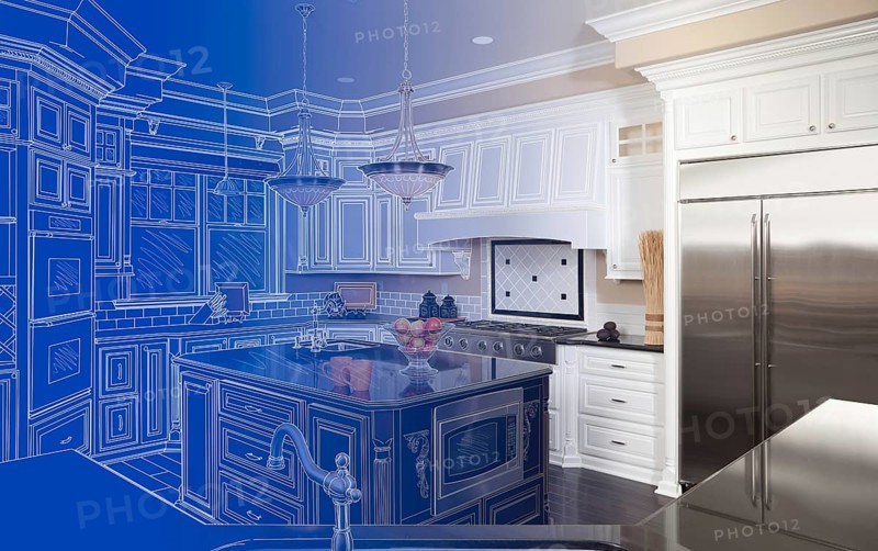 Kitchen blueprint drawing gradating into finished build