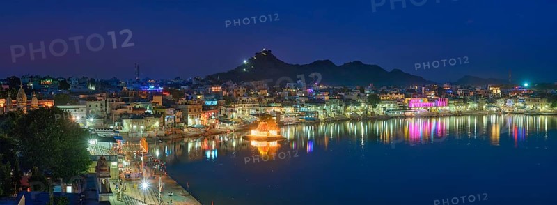 View of famous indian hinduism pilgrimage town sacred holy hindu religious city Pushkar with Brahma temple
