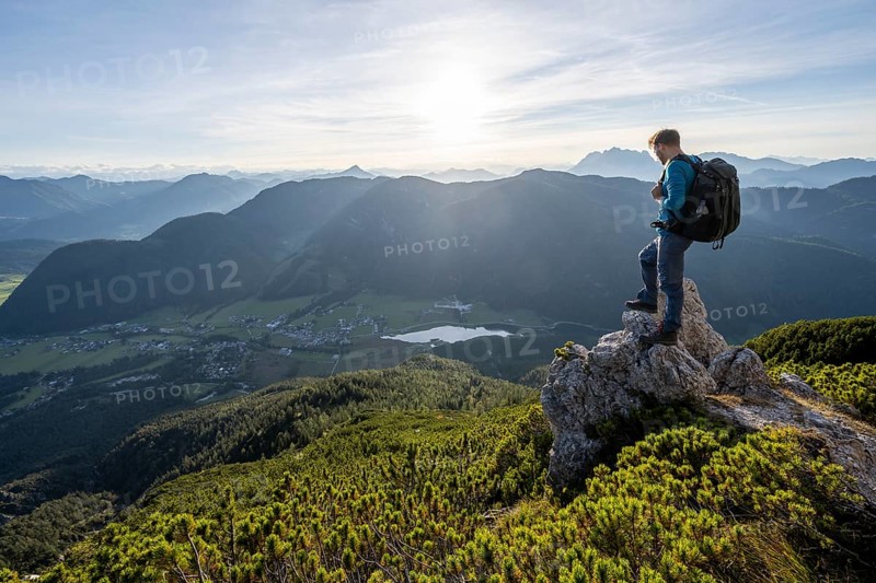 Hiker standing on a rock between mountain pines