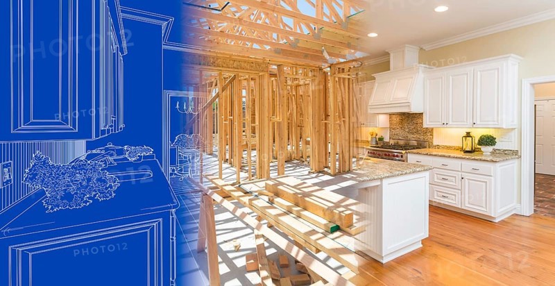 Kitchen blueprint drawing gradating into house construction framing then into finished build
