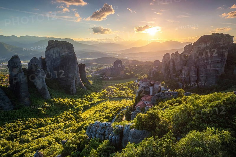 Sunset over monastery of Rousanou and Monastery of St. Nicholas Anapavsa in famous greek tourist destination Meteora in Greece on sunset with sun rays and lens flare
