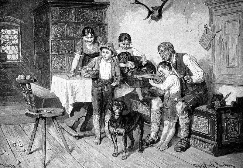 Family idyll on a Sunday afternoon in the living room of a Bavarian farmer