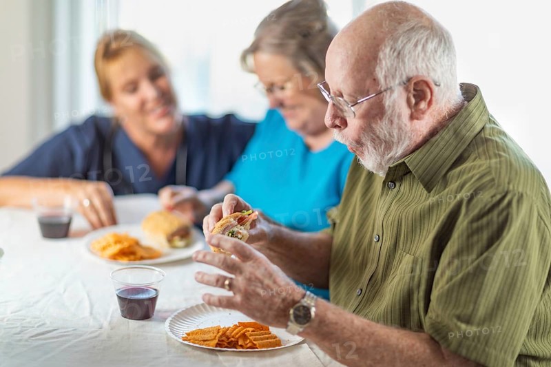 Female doctor or nurse serving senior adult couple sandwiches at table