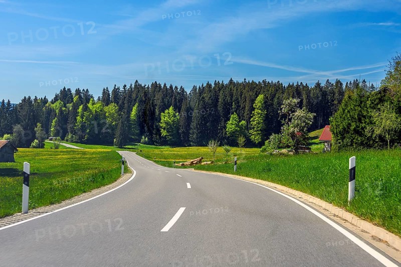Country road between spring meadows near Stiefenhofen