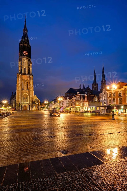 Nieuwe Kerk New Church protestant church on Delft Market Square Markt in the evening. Delfth
