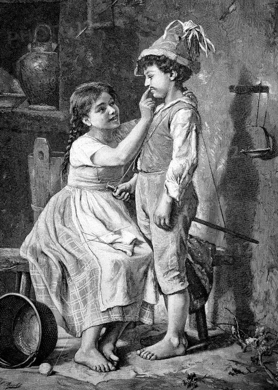 Two children at home. The girl paints the boy's face with war paint