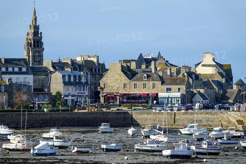 Old town of Roscoff with harbour at low tide