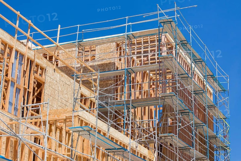 Scaffolding and wood framing at construction site