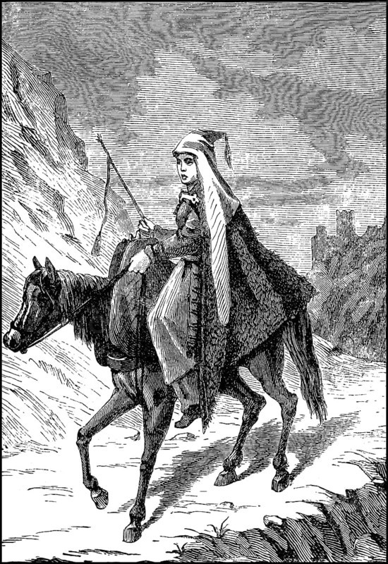Girl from the Caucasus in men's clothes on horseback travelling