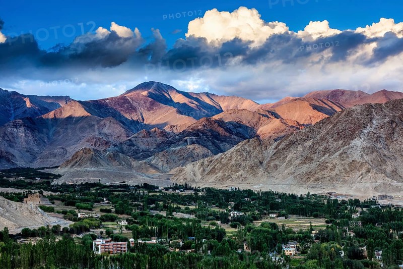 View of Leh town from above from Shanti Stupa on sunset