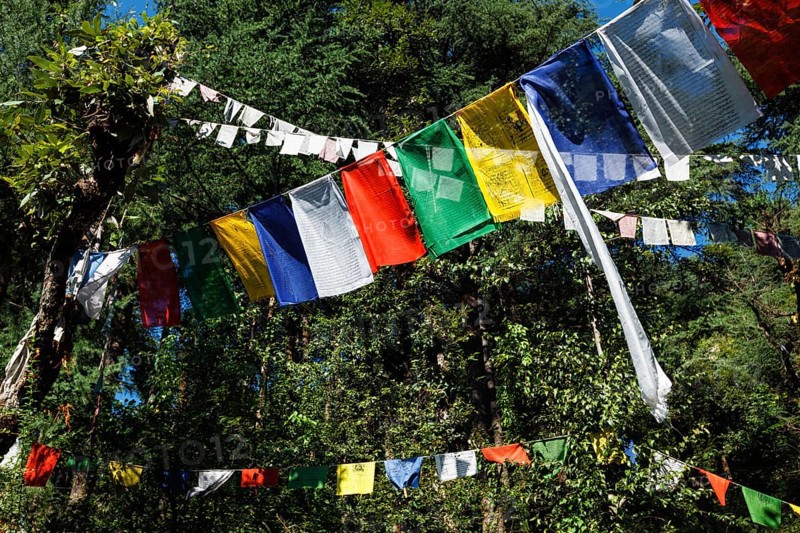 Buddhist prayer flags lungta with Om Mani Padme Hum Buddhist mantra prayer meaning Praise to the Jewel in the Lotus on kora around Tsuglagkhang complex. McLeod Ganj