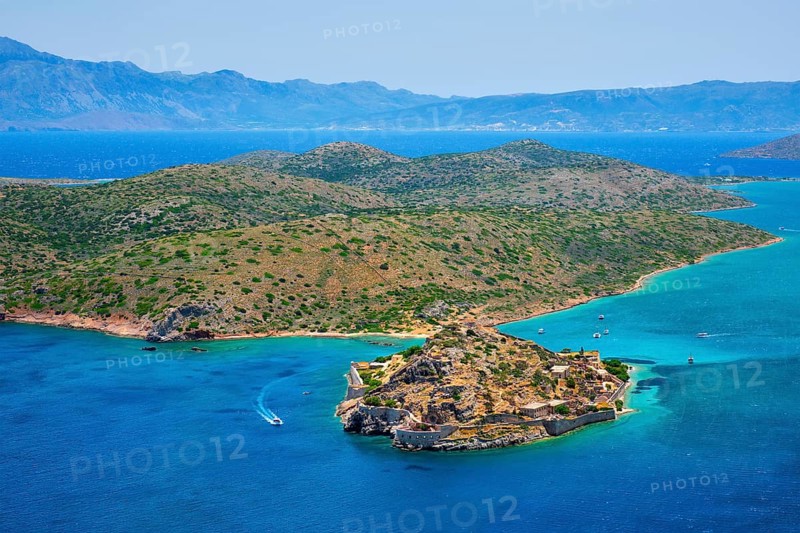 Island of Spinalonga with old fortress former leper colony and the bay of Elounda