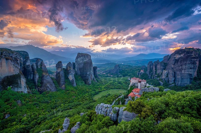 Sunset sky and monastery of Rousanou and Monastery of St