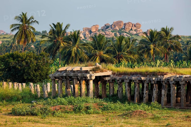 Ancient ruins of Hampi on sunset. Hampi