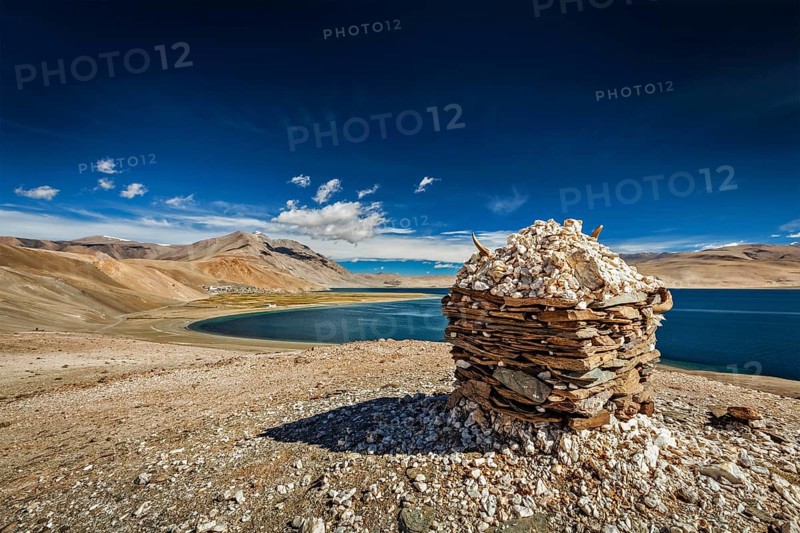 Stone cairn at Himalayan lake Tso Moriri