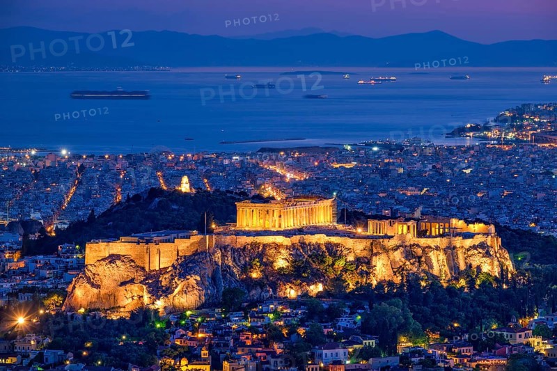 Parthenon Temple on hill is the antique tourist landmark at the Acropolis of Athens and ancient European civilization architecture on Aegean sea coast
