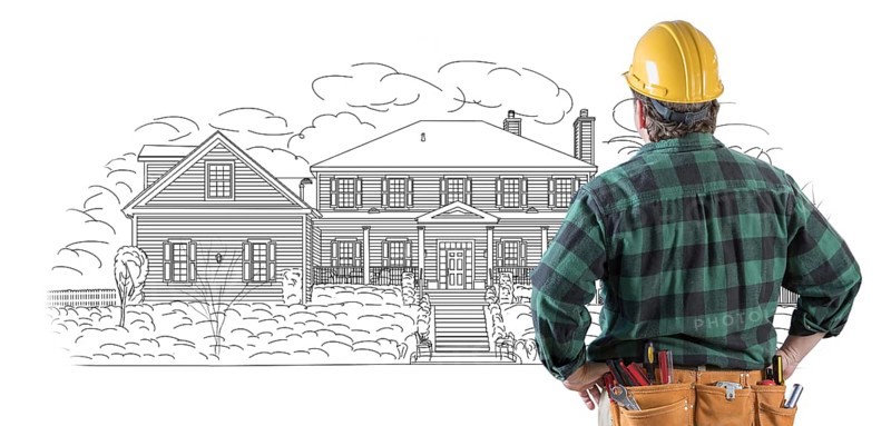 Male contractor with hard hat and tool belt looking at custom house drawing on white
