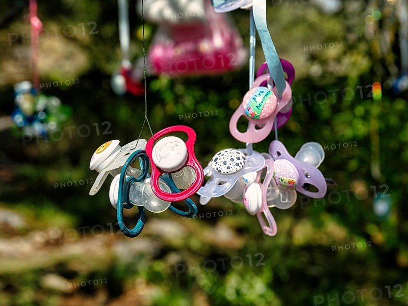 Colourful discarded dummies hanging on a tree