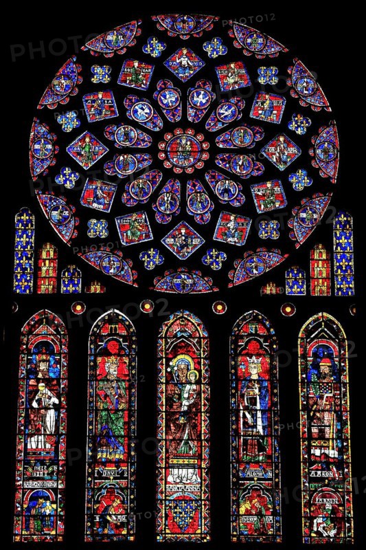 Leaded glass window rosette of the north transept in the Cathedral Notre Dame of Chartres