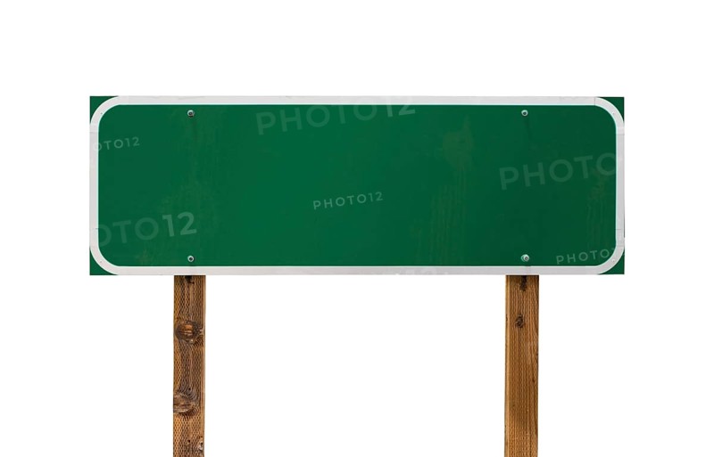 Blank green road sign with wooden posts isolated on a white background