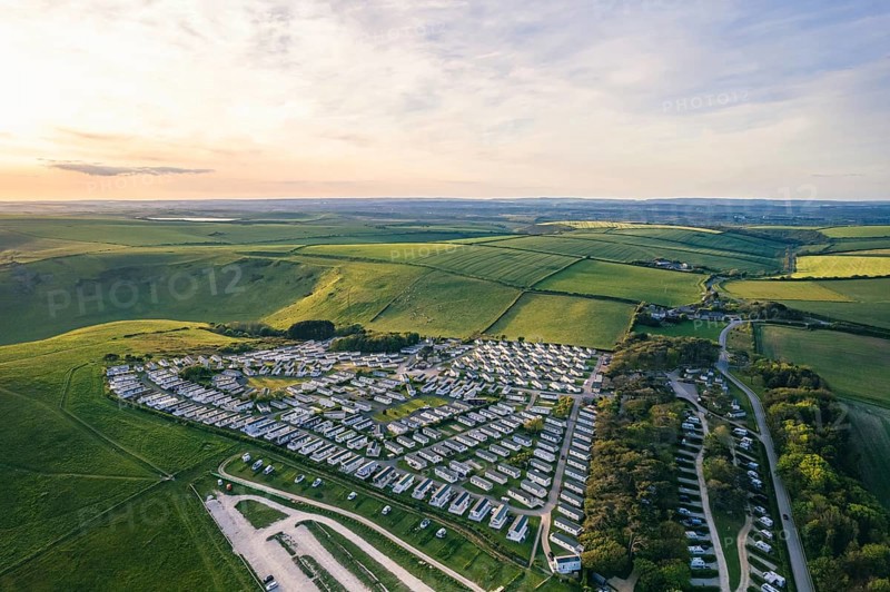 View over Durdle Door Holiday Park and Jurassic Coast and Clifs